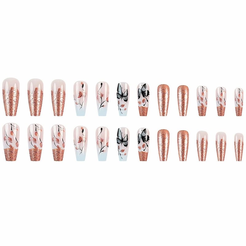 juggssa Long Press on Nails Coffin French Fake Nails with Butterfly Leaf Print Designs Acrylic Nails Press on Glitter French Glue on Nails Gradient False Nails with Glue Spring Stick on Nails for Women 24PCS - Image 5